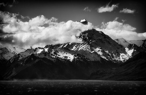 Black & White, monochromatic, tonal, texture, mountain,  dark, sky, ridge, hike, adventure, nature, landscape, Mt Cook, Aoraki, Lake Pulaski, Canterbury, New Zealand, South Island, Otago, Christchurch