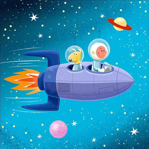 Illustratie in retrostijl van een jongen met hond zittend in een raket. Vliegend door de ruimte.