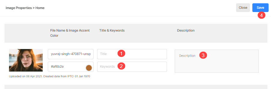 Sección de propiedades de la imagen de Pixpatablero de instrumentos