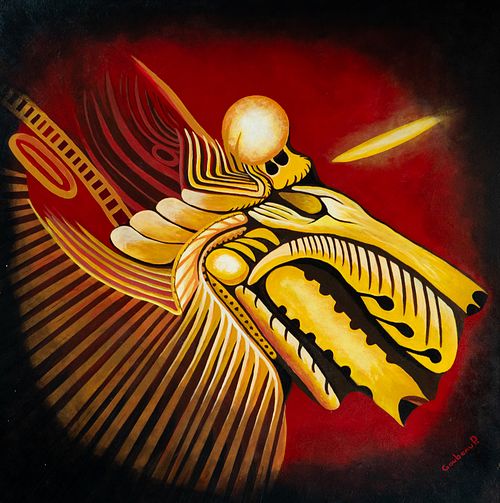 Œuvre d'art abstraite Krysalid Chrysalide de Patrice Goubeau présentant une composition dynamique de tons dorés et rouges avec des motifs complexes et angulaires ressemblant à une créature mythique sur un riche fond rouge.