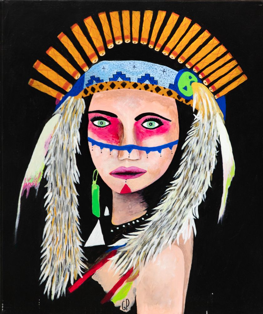 Femme amérindienne avec grande coiffe orange, peinture par Patrice Goubeau