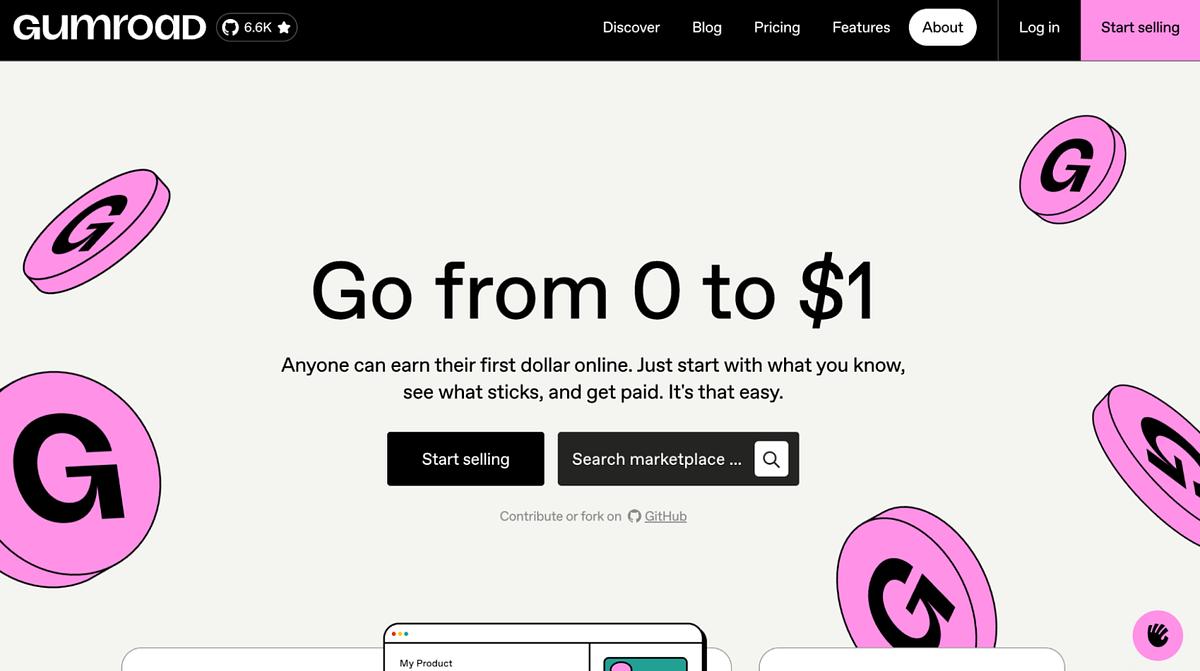 Zrzut ekranu strony głównej Gumroad