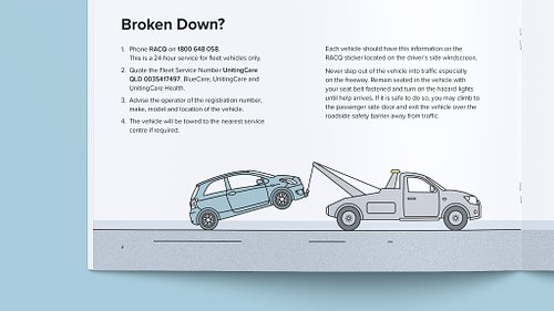 Page of the booklet showing instructions on what to do when a vehicle has broken down, with an illustration of a fleet vehicle being towed by a tow truck.