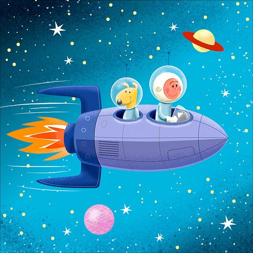 Illustratie in retrostijl van een jongen met hond zittend in een raket. Vliegend door de ruimte.
