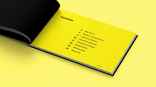 Publication contents page listing eight major sections of the research report.