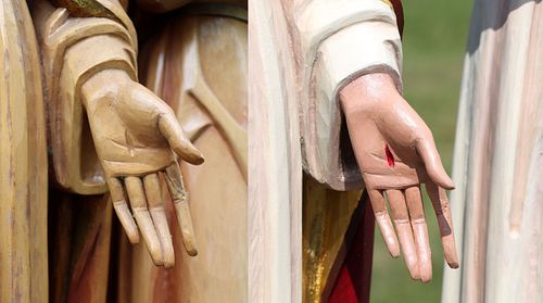 The Statue's hand before and after restoration