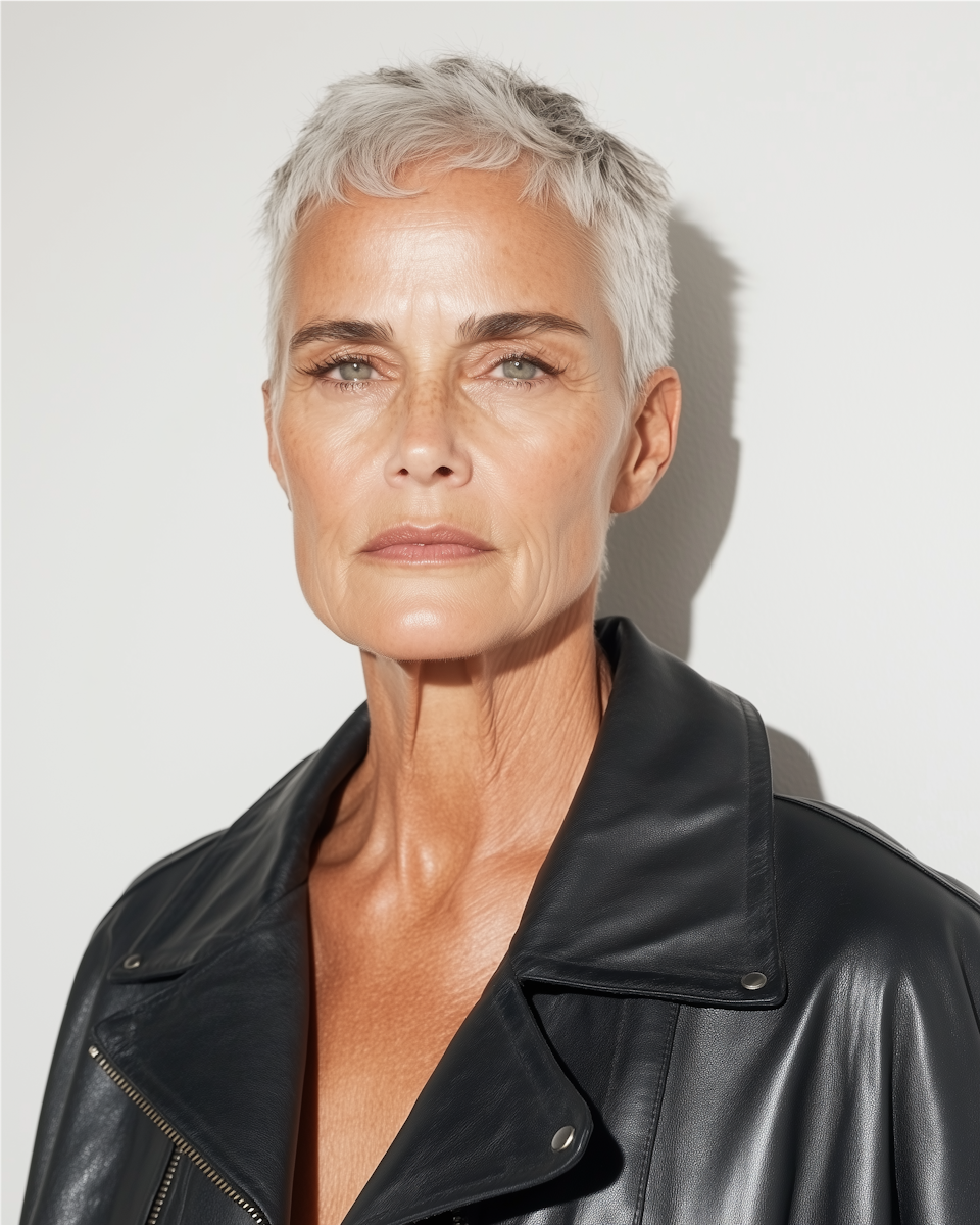 Уверенная в себе зрелая модель с седыми волосами