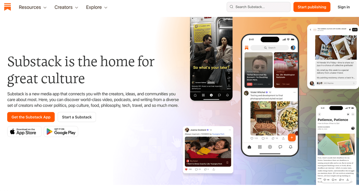 Imagem da página inicial do Substack