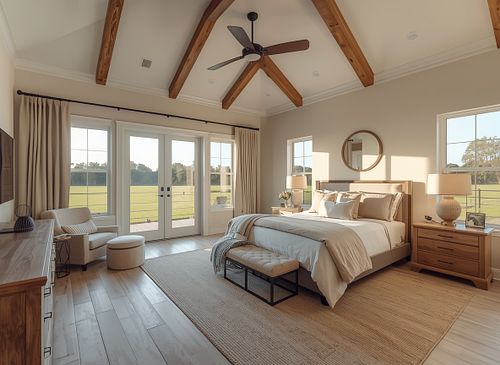 Real estate photography of a spacious master bedroom in Gainesville, FL, featuring vaulted ceilings with exposed wood beams, a large bed, and French doors leading to a scenic view, captured by PrimePropertyPhoto.