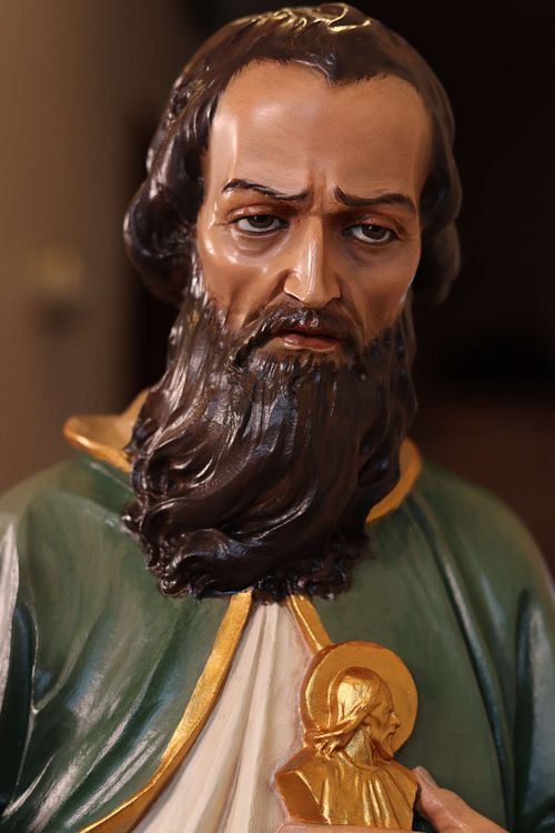 Saint Jude statue bust after restoration by Wes and Kelly Baker of Contrasts Woodcarving for St. Joseph Catholic Church in Somerset, Ohio