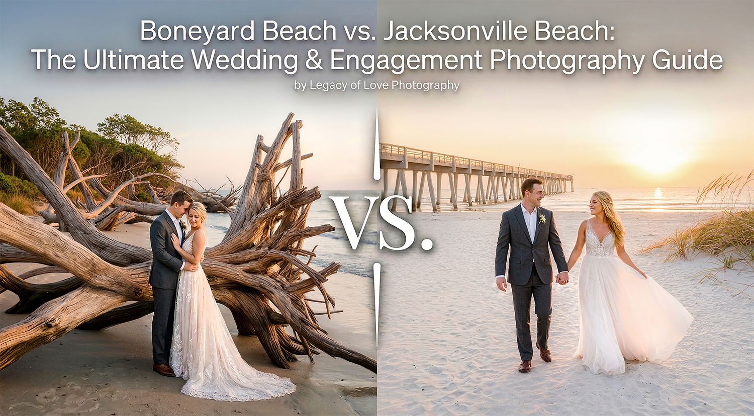 Wedding photography comparison between the driftwood of Boneyard Beach and the sunset pier at Jacksonville Beach.