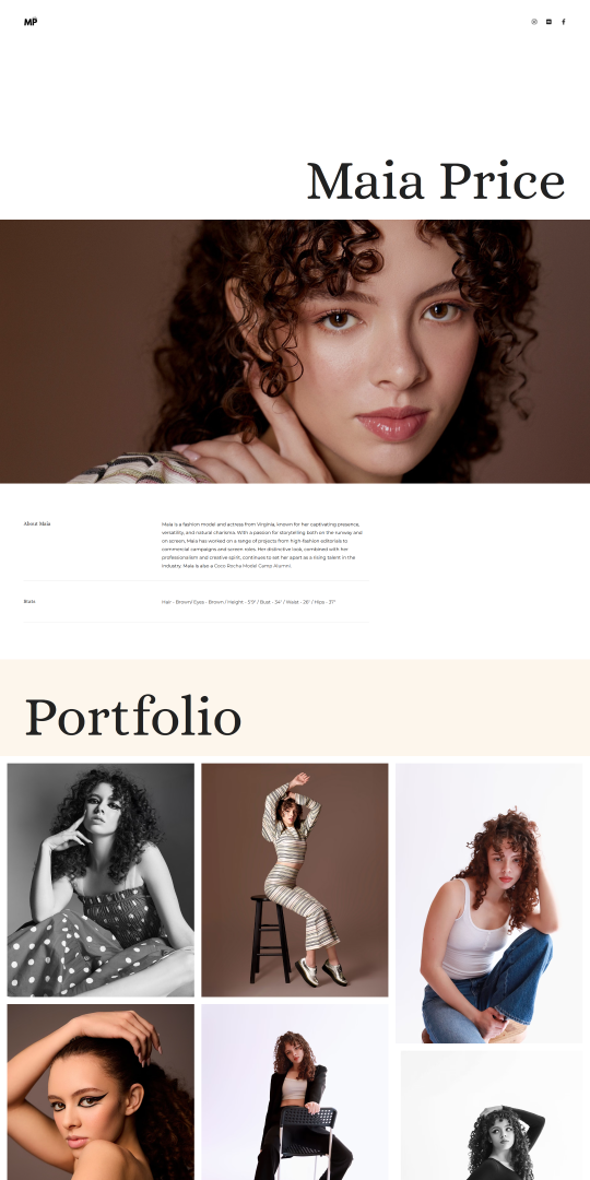 Maia Price's Modeling Portfolio home page