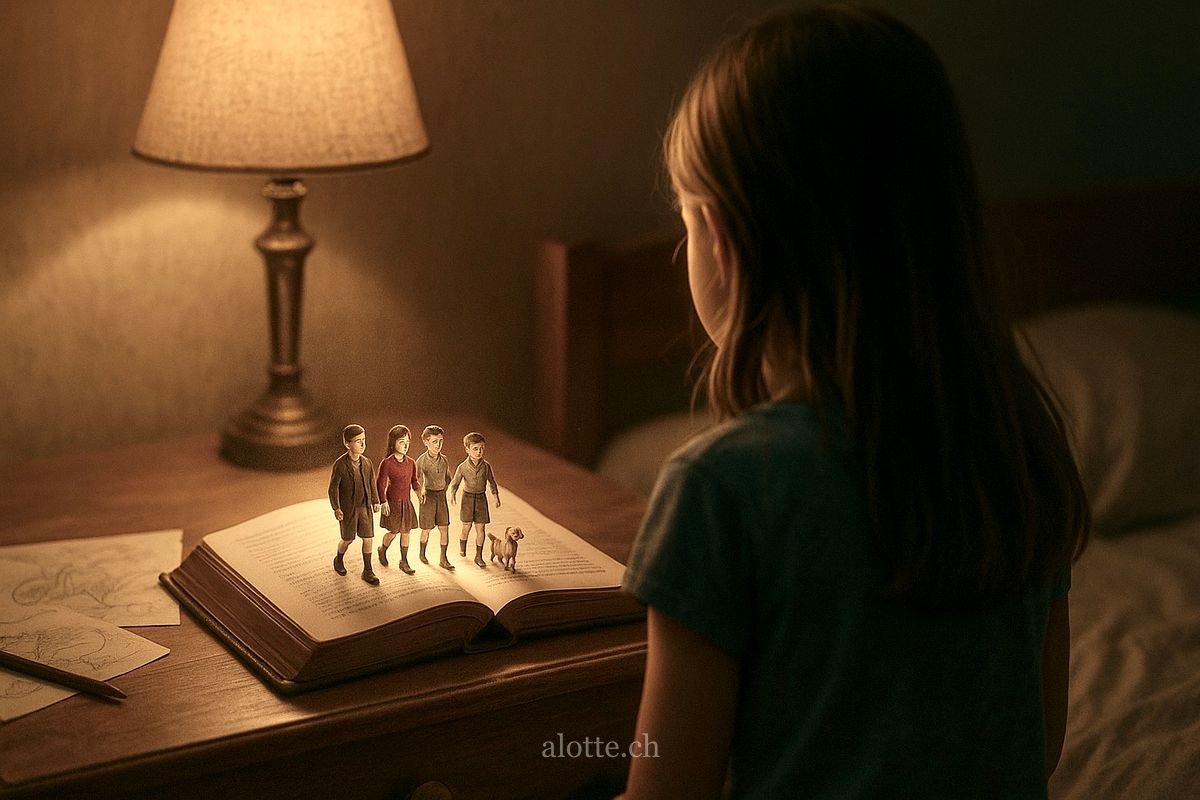 Image of a girl and 5 Famous Five characters popping out of her book | Martin Potter