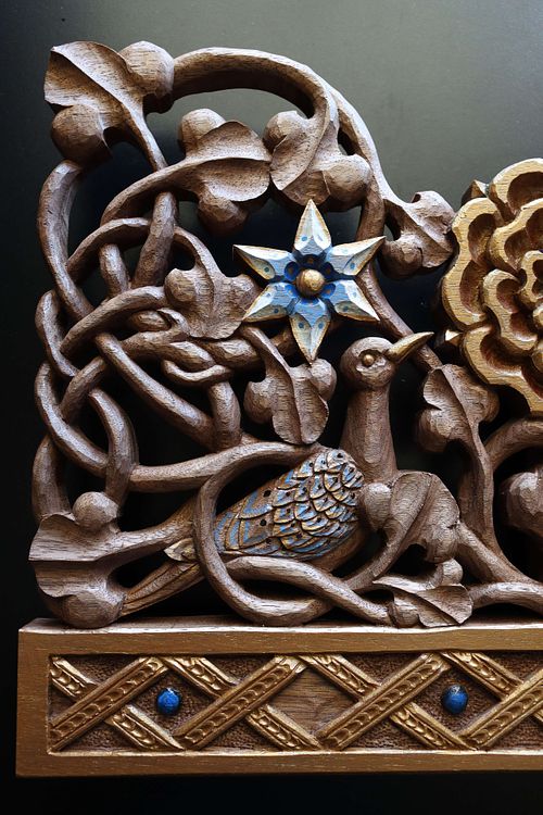 Hand-carved and polychrome painted turtle dove and squill flower by Wes and Kelly Baker for St. Bernadette Catholic Church in Lancaster, Ohio