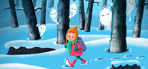 Illustratie van een meisje, ze loopt door het besneeuwd bos en wordt achtervolgt door ijsspoken.