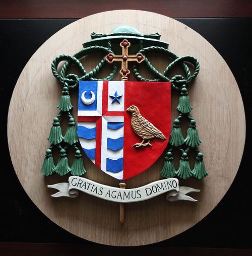 painted coat of arms stemma for Catholic Bishop Shawn McKnight on unstained oak medallion