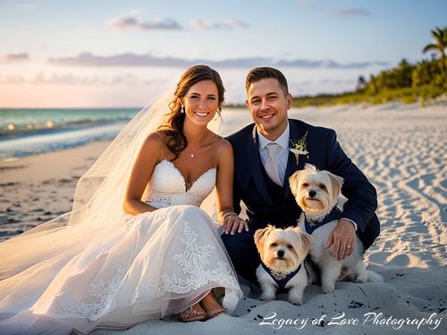Sunset Beach Wedding with Dogs: A Newlywed Couple’s Portrait