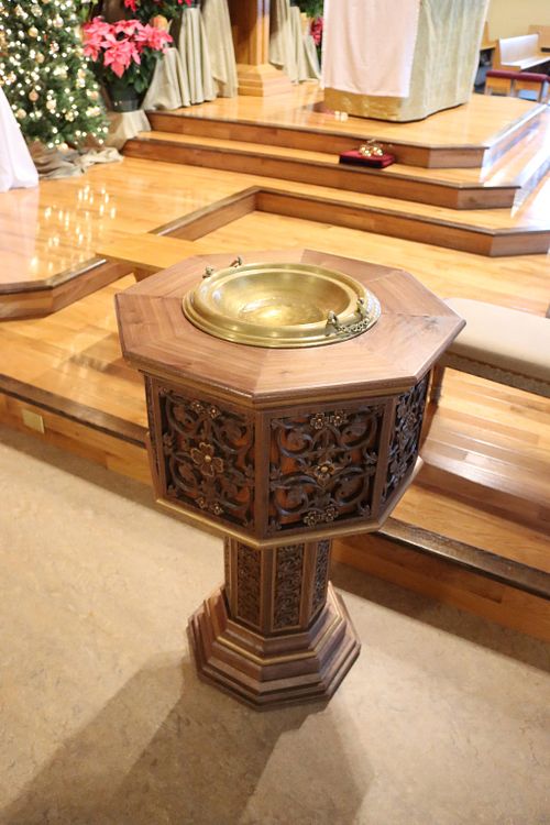 the new baptismal font in its proper place in St. Bernadette Catholic Church in Lancaster, Ohio