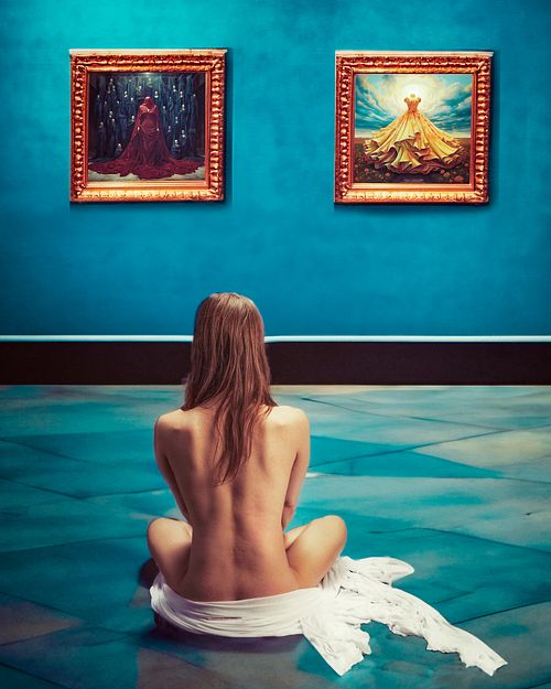 Photographie fine art d’une femme nue assise de dos devant deux tableaux représentant des robes symboliques, explorant le choix d’identité féminine et la pression des rôles imposés — œuvre de Pascal Yennis, Namur, Belgique.