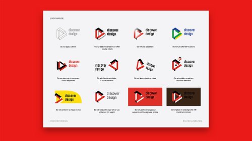 Brand guidelines document page showing logo misuse examples, including applying outlines, distorting the logo, and placing it on low-contrast backgrounds.