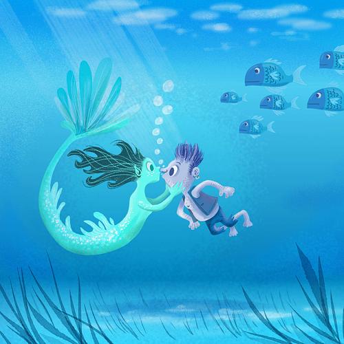 illustratie prentenboek van een zeemeermin die een jongen kust onder water