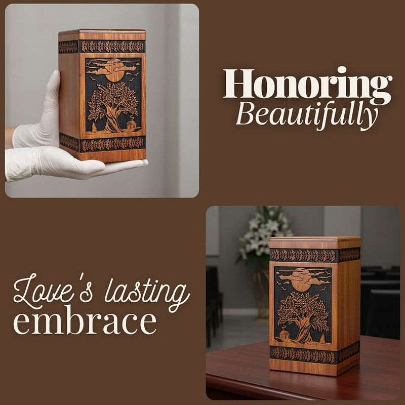 Engraved Tree of Life Scenery Wooden Urn Box for Ashes