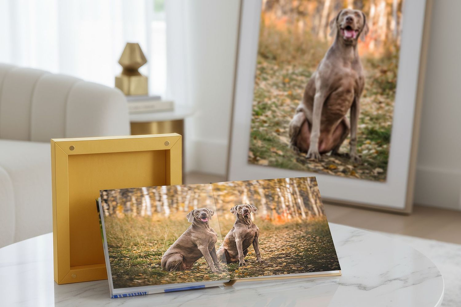 Hnadcrafed italian photo album featuring two Calgary weimaraners named Beau and Buttercup