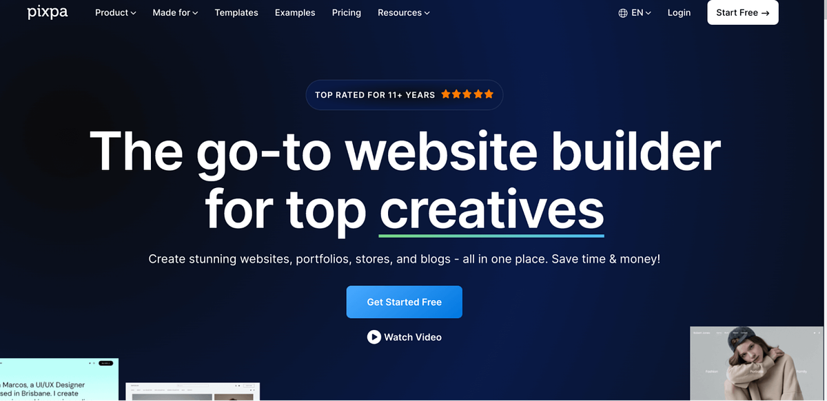 Afbeelding van Pixpa's startpagina