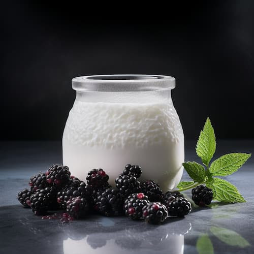 small glass rounded jar of yogurt surrounded by berries