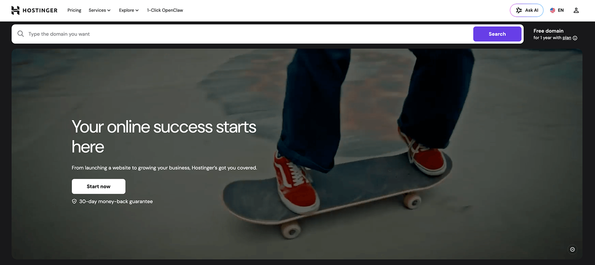 Hostinger homepage showing the AI website builder bundled with hosting