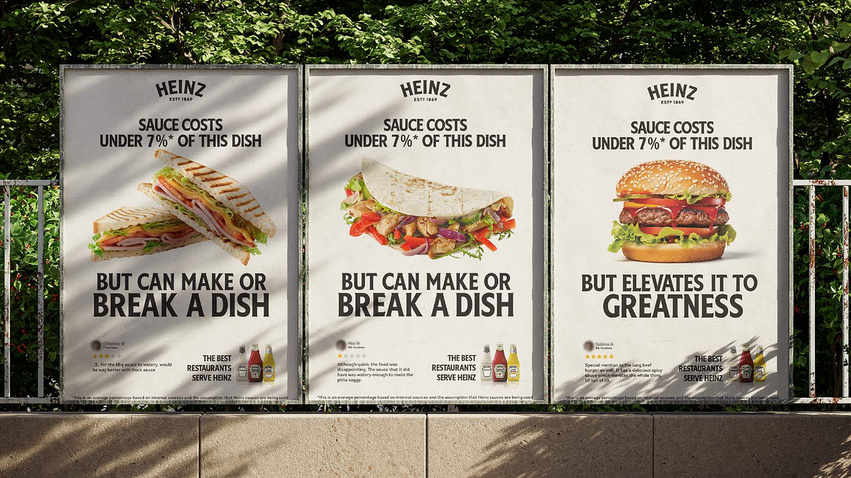 Three outdoor posters. One sandwich of cold meat and cheese, one shows chicken taco, and one shows burger with a text that reads (SAUCE COSTS UNDER 7%*OF THIS DISH. BUT CAN MAKE OR BREAK A DISH)