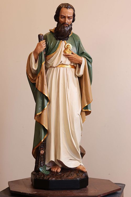 St. Jude Statue restored by Wes and Kelly Baker of Contrasts Woodcarving for St. Joseph Catholic Church in Somerset, Ohio