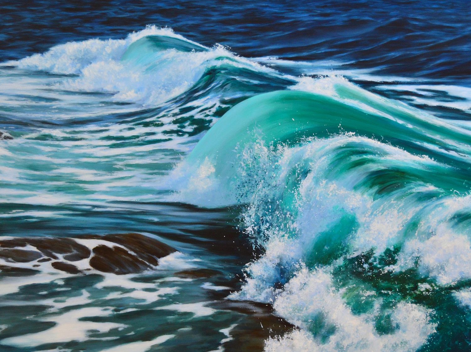 Acrylic seascape painting  with blue and turquoise waves and white foam.