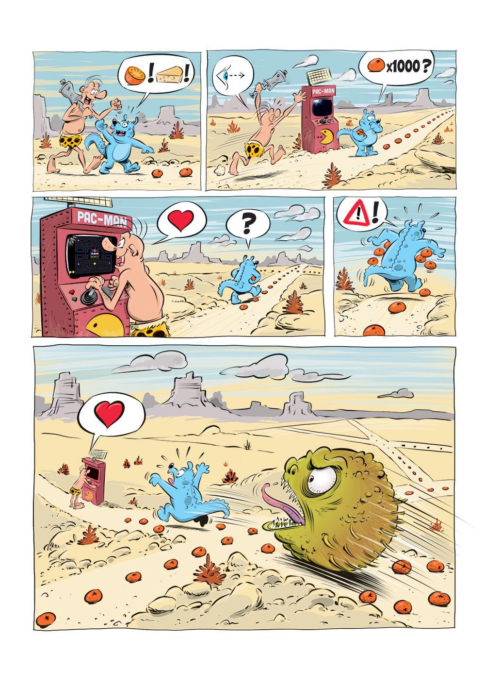 Strippagina met caztar die in de woestijn een oude speelautomaat vindt met Pac-Man. Ondertussen volgt de blauwe hond een spoor met appelsienen. Al gauw loopt die terug want een reuze grote Pac-Man volgt hem.