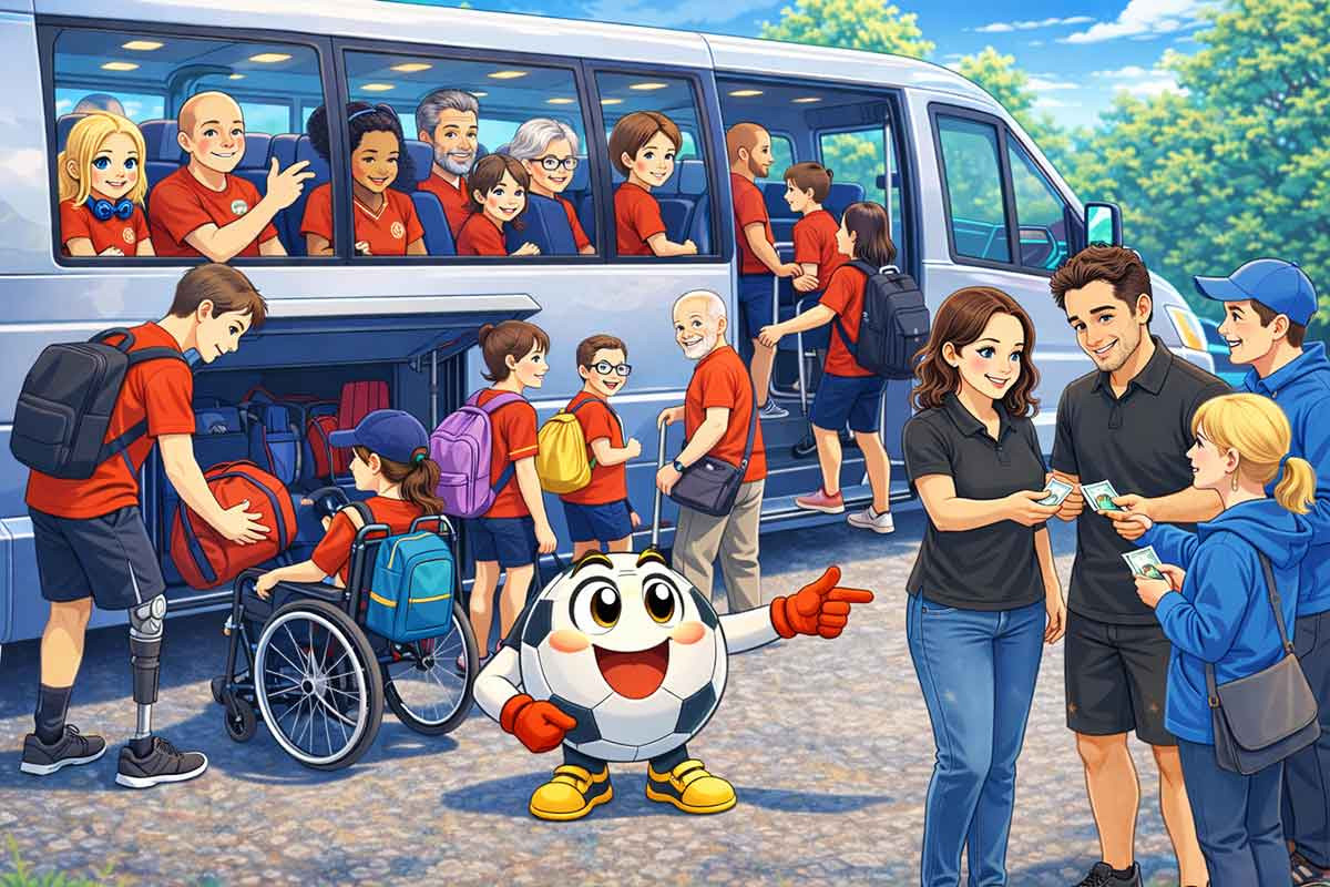 Kinder und Jugendliche steigen in einen Bus für ein Auswärtsspiel ein, während Trainer:innen und Eltern parallel organisatorische und finanzielle Absprachen treffen – ein realistischer Einblick in Aufwand und Kosten im inklusiven Fußball.