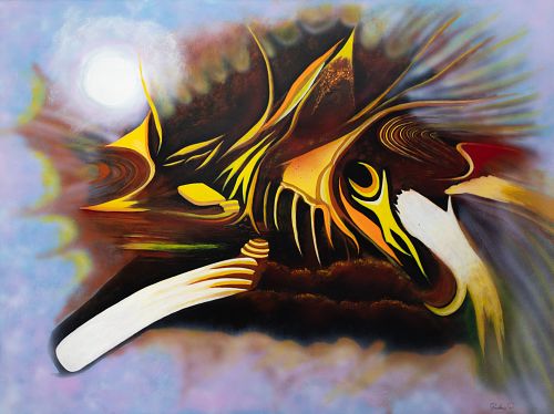 Peinture abstraite Awakening of the mind Éveil de l'âme de Patrice Goubeau aux couleurs vibrantes et tourbillonnantes, dont le jaune, le brun et le blanc. La composition présente des formes et des lignes audacieuses et incurvées, suggérant le mouvement. Un cercle lumineux ressemblant à un soleil ou à une lune apparaît dans le coin supérieur gauche.