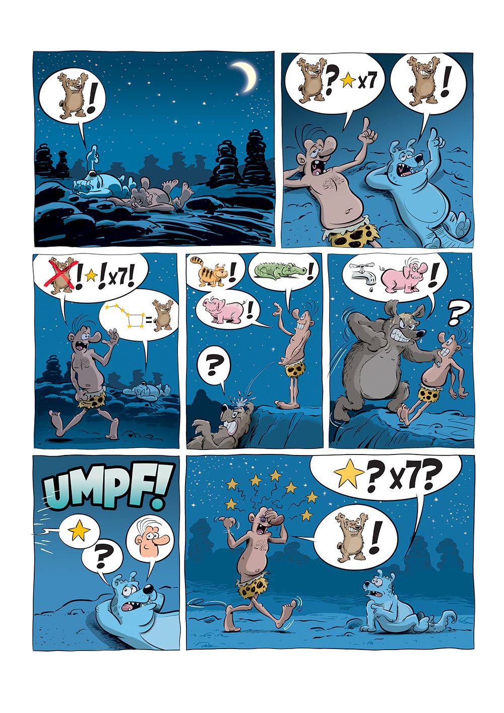 strippagina met Caztar en hond die naar de sterrenhemel kijken. Daar is de grote beer. Ik zie niets zegt Caztar. Ik ga even plassen. Hij op de kop van een beer die iets lager ligt te slapen. De beer geeft Caztar een ferme klap. Caztar ziet sterren en loopt versuft naar de hond en zegt dat hij de grote beer heeft gezien