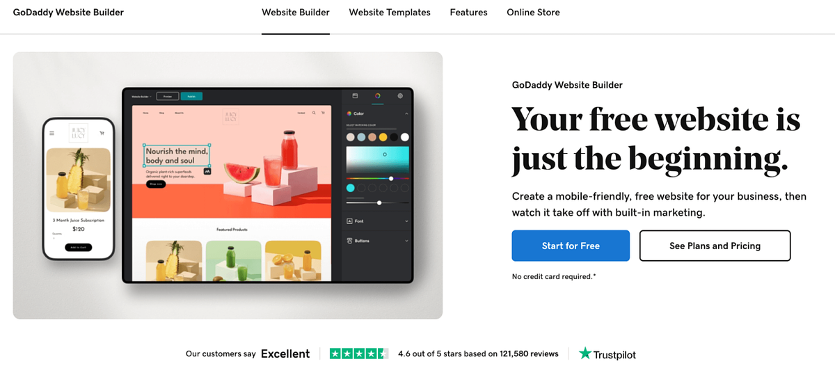 Zrzut ekranu strony głównej narzędzia GoDaddy Website Builder