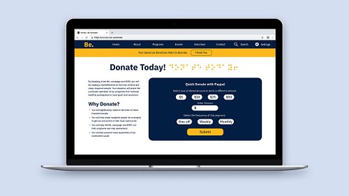 Mockup of the website donate page showing a high-contrast form where users can select a preset donation amount or enter a custom amount, and choose between one-off, weekly, or monthly payments.