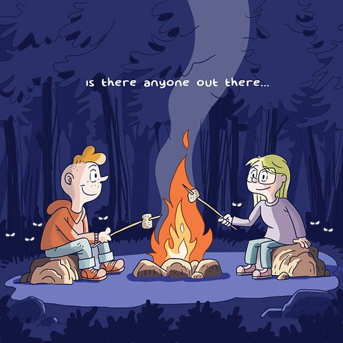 Illustratie in stripverhaal stijl van jonge en meisje bij het kampvuur. In het donkere bos kijken boze ogen naar hun.