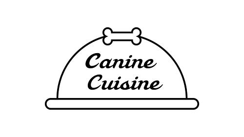 The Canine Cuisine logo, with the brand name in a cursive typeface and a line illustration of a covered serving tray with a dog bone-shaped handle.