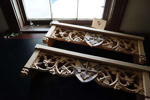 both shelves assembled and ready for stain showing the beauty of hand work