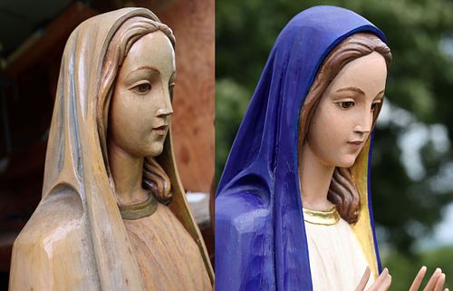 Detail of the complete restoration of a statue of Mary's face from the side