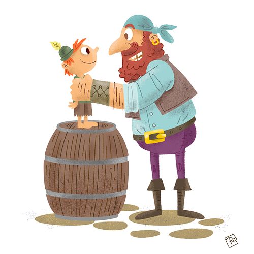 poetzarelli, kindertekening, piraat staat bij zijn kleine zoon die op een ton staat.