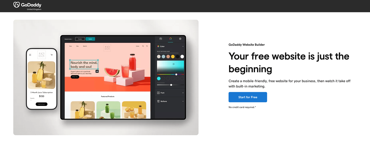 GoDaddy homepage showing the Airo AI website builder with marketing tools