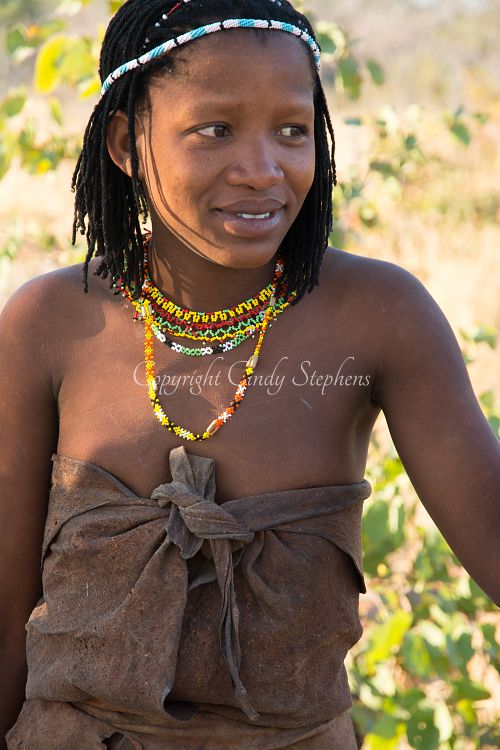 San woman in Makgadikgadi Pans, Botswana in traditional clothing