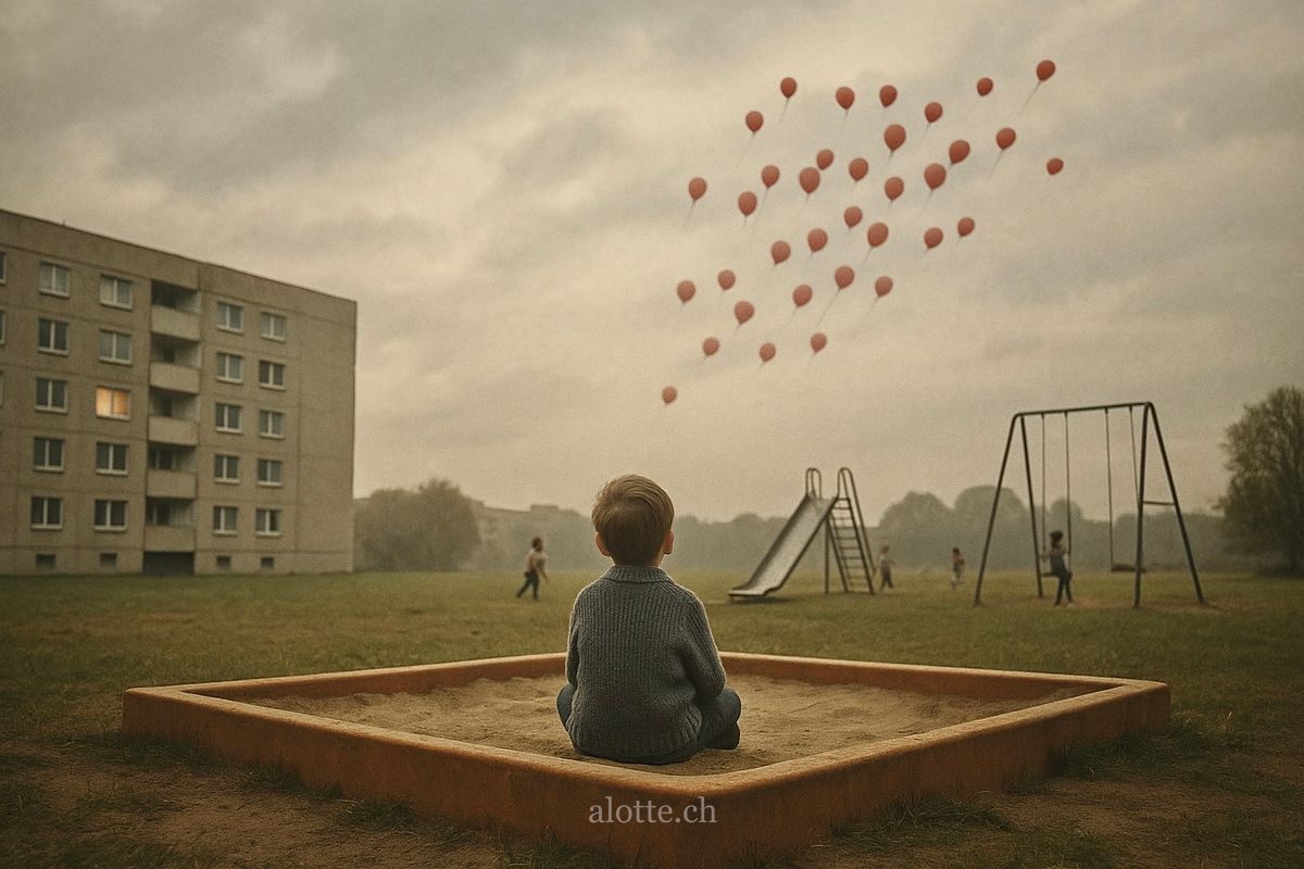 Image of a young boy sitting in a sandpit in Erkelenz, German while 99 red balloons float by | Martin Potter