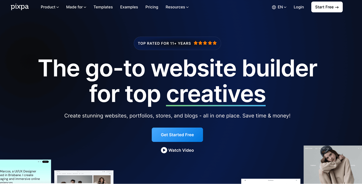 Screenshot of Pixpa's home page