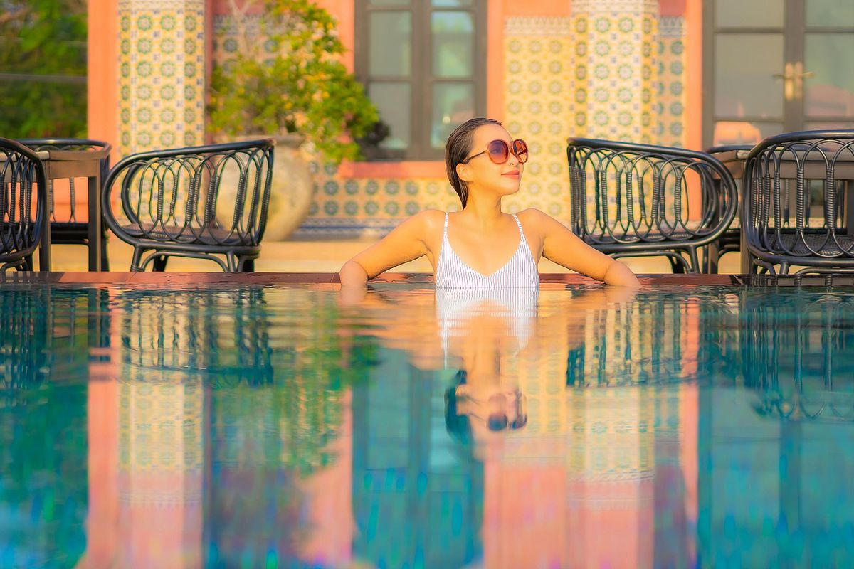 Portrait beautiful young asian woman relax smile enjoy leisure a