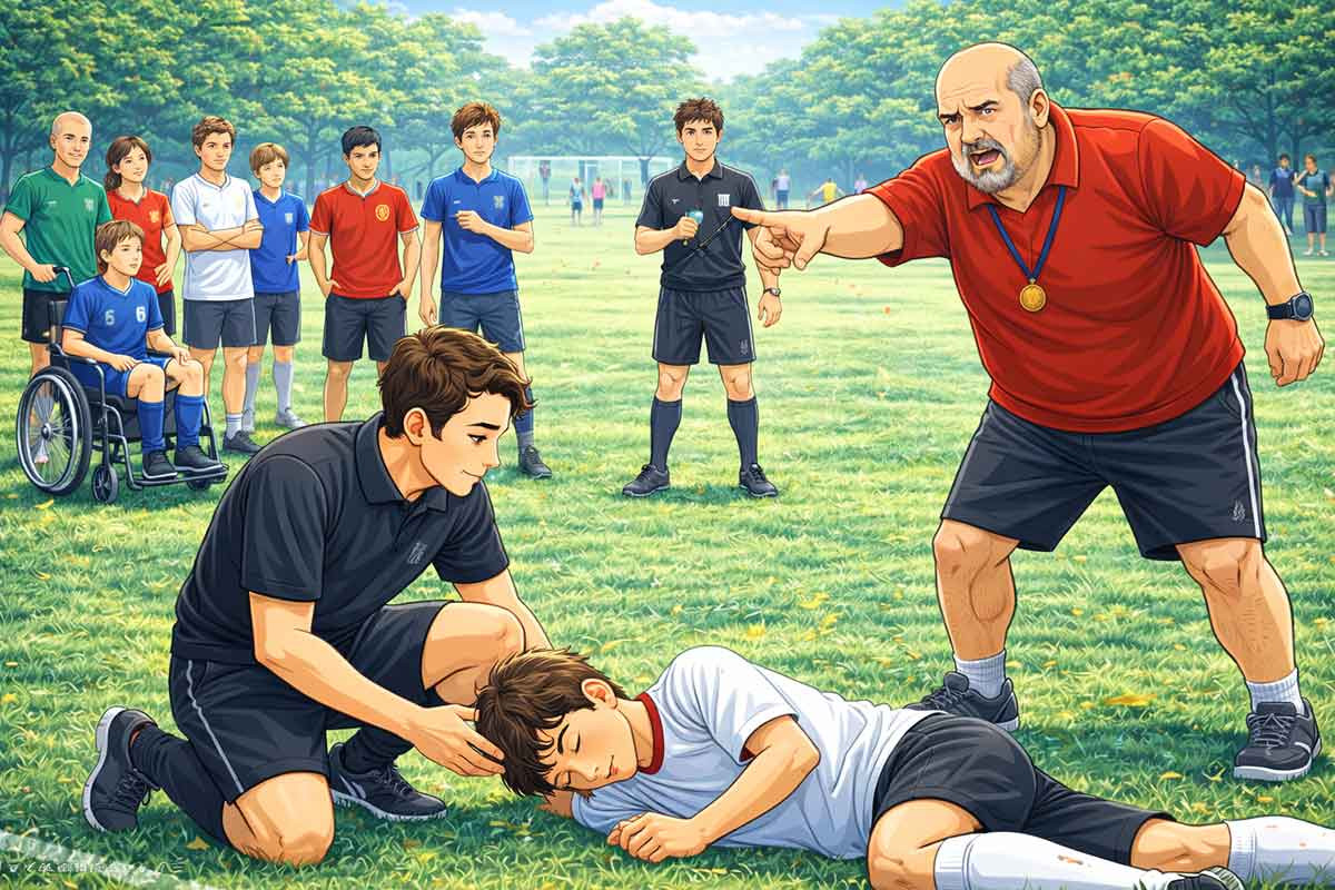 Ein Trainer schreit und zeigt aggressiv auf das Spielfeld, während ein anderer Trainer einen verletzten Spieler am Boden versorgt und das Team im Hintergrund zuschaut.